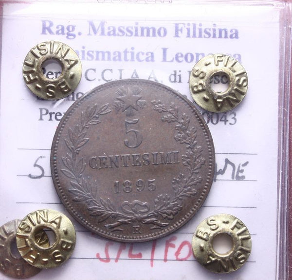 NL* Savoia UMBERTO I 5 CENTESIMI Rame 1895 ROMA RARA SPL/FDC Perizia Filisina M