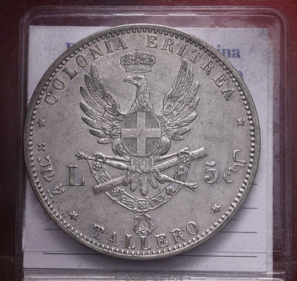 NL* UMBERTO I ERITREA TALLERO 5 Lire Argento 1896 R2 QSPL/SPL Perizia Filisina M