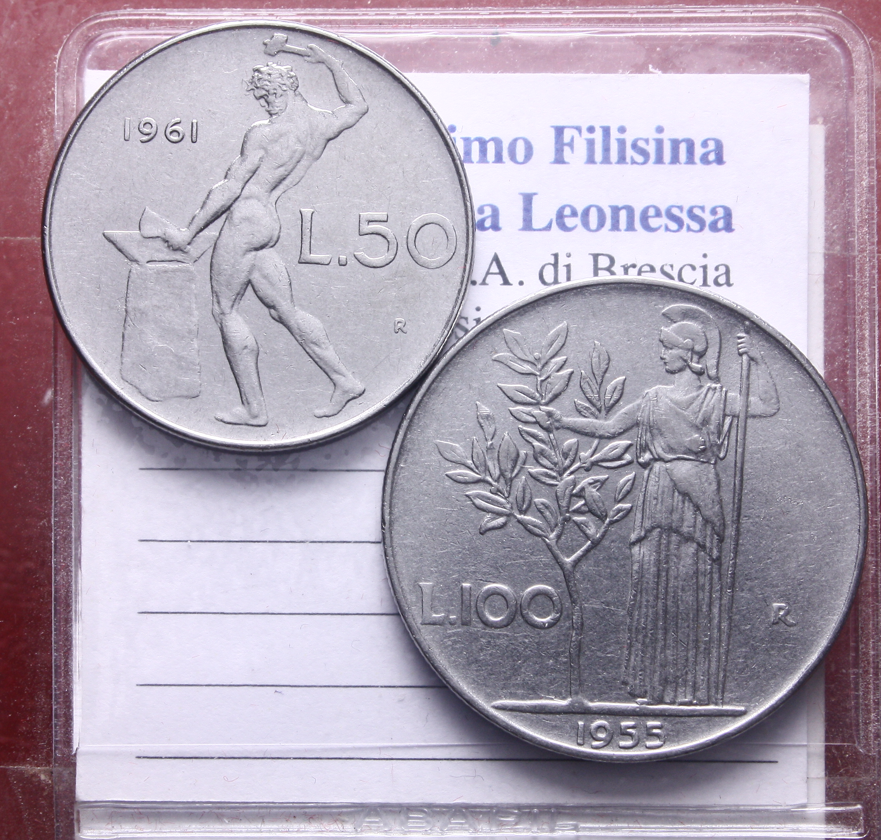 NL* Italia Repubblica Lotto 2 pezzi 50 LIRE 1961 E 100 LIRE 1955 come da foto