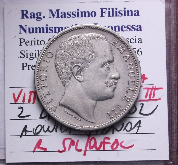 NL* VEIII 2 Lire Argento 1902 AQUILA SABAUDA RARA SPL/QFDC Perizia Filisina M.