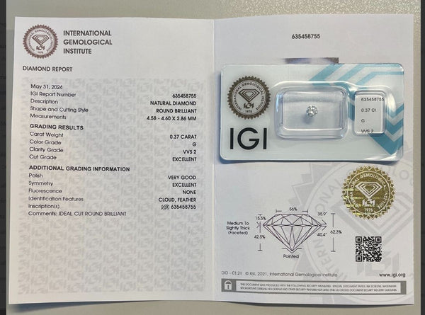 NL* DIAMANTE NATURALE Certificato IGI 0.37 CARATI Colore G VVS 2 EXC VG EX
