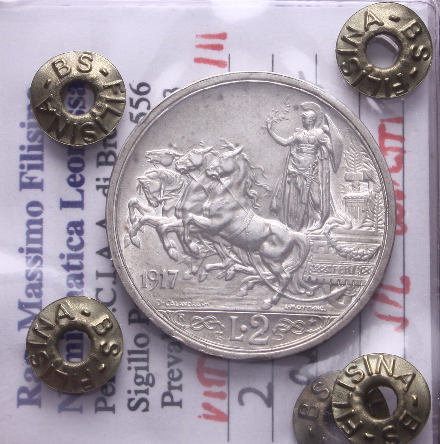 NL* VEIII 2 LIRE ARGENTO 1917 QUADRIGA BRIOSA RARA SPL colpetti Perizia Filisina