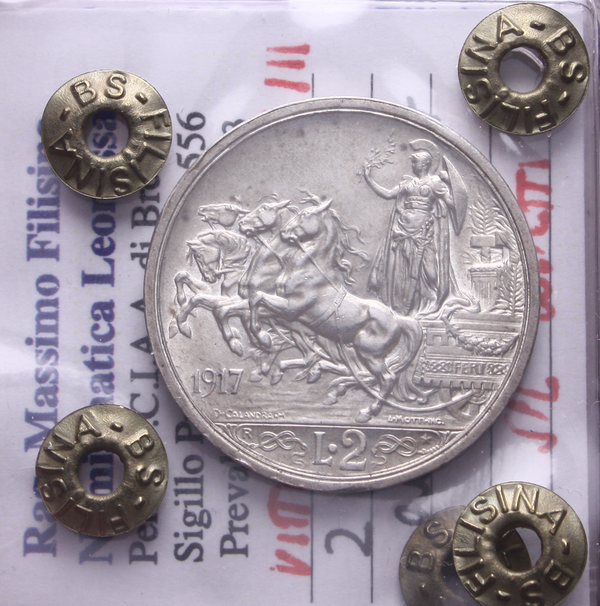 NL* VEIII 2 LIRE ARGENTO 1917 QUADRIGA BRIOSA RARA SPL colpetti Perizia Filisina