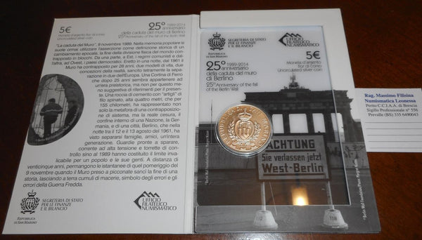NL* Repubblica SAN MARINO 5 Euro ARGENTO 2014 CADUTA MURO DI BERLINO FDC set