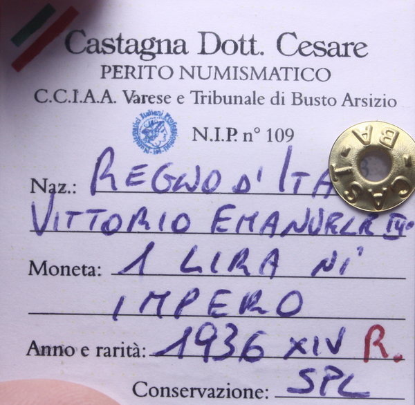 NL* VEIII 1 LIRA IMPERO 1936 XIV RARA SPL Perizia Castagna Cesare