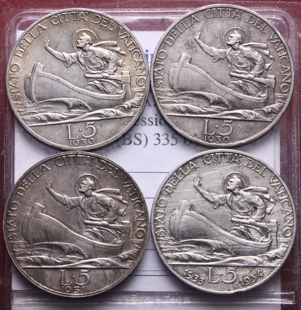 NL* CITTA' del VATICANO PIO XI Lotto 4 pezzi 5 LIRE 1930 1931 1933/34 come foto