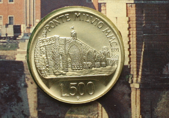 NL* ITALIA 500 Lire Argento 1991 PONTE MILVIO ROMA FDC SET Originale zecca
