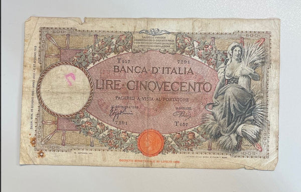 NL* BANCA D'ITALIA Banconota 500 LIRE MIETITRICE 26 GIUGNO 1939 T 157