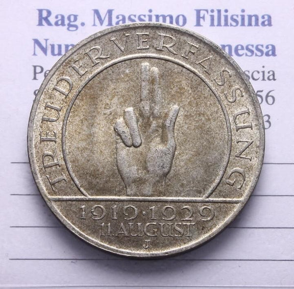 NL* GERMANIA WEIMAR 3 marchi REICHSMARK Silver Argento 1929 J HINDEMBURG