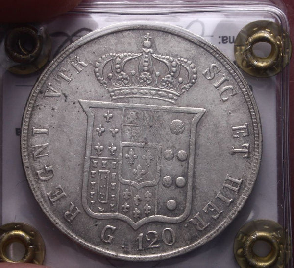 NL*NAPOLI FERDINANDO II Piastra 120 GRANA ARGENTO 1857 SPL+ Perizia Filisina M.