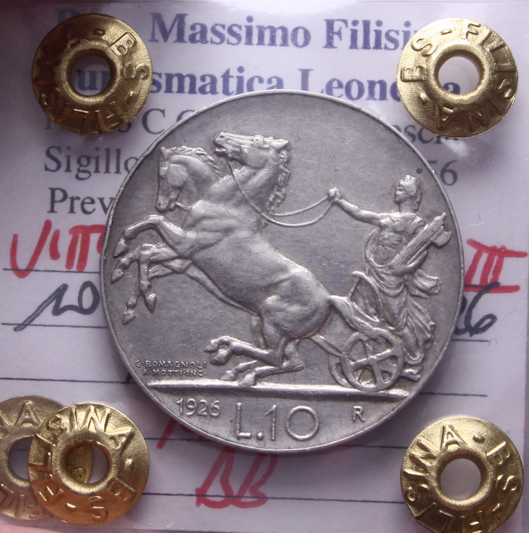 NL* VEIII 10 LIRE Argento BIGA 1926 RARO BB Perizia Filisina Massimo
