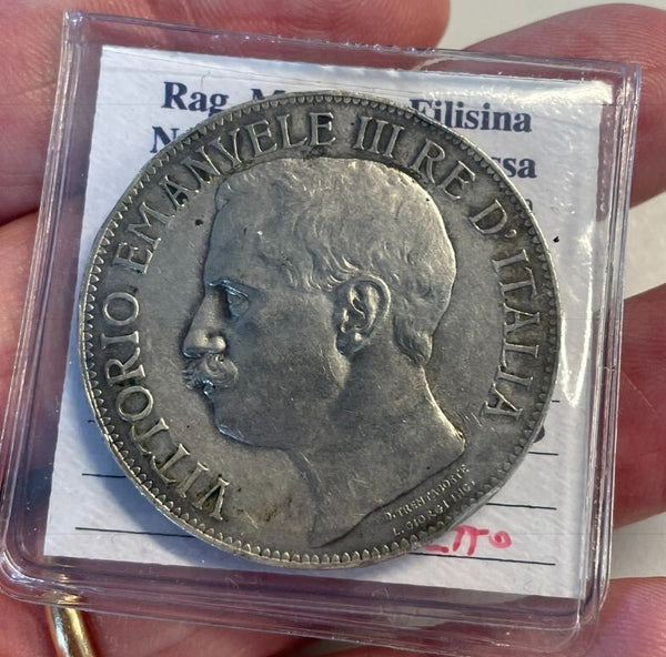 NL* VEIII 5 Lire ARGENTO 1911 CINQUANTENARIO RARA SPL C Perizia Filisina M.