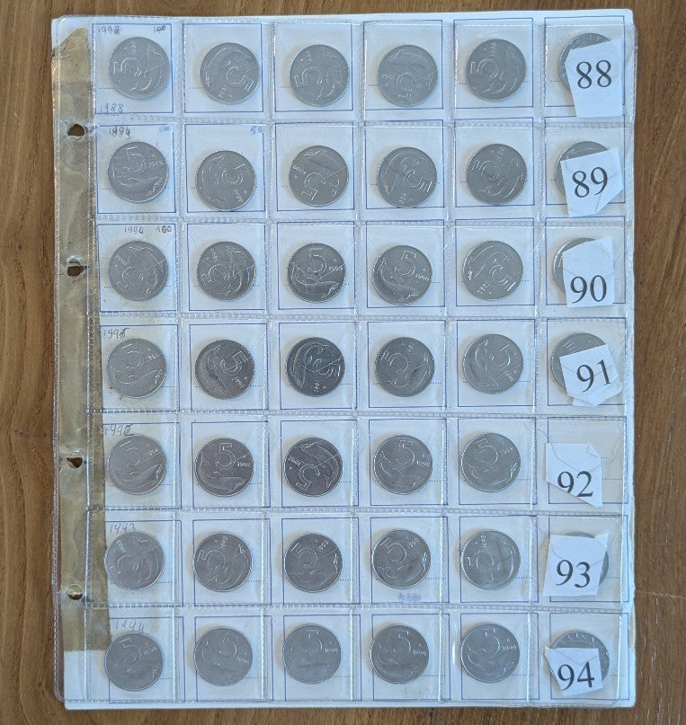 NL* ITALIA LOTTO 41 pezzi 5 LIRE DELFINO DAL 1988 AL 1994 FDC da rotolino