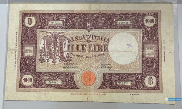NL* BANCA D'ITALIA Banconota 1000 LIRE BARBETTI M GRANDE 18 GENNAIO 1947 W2474