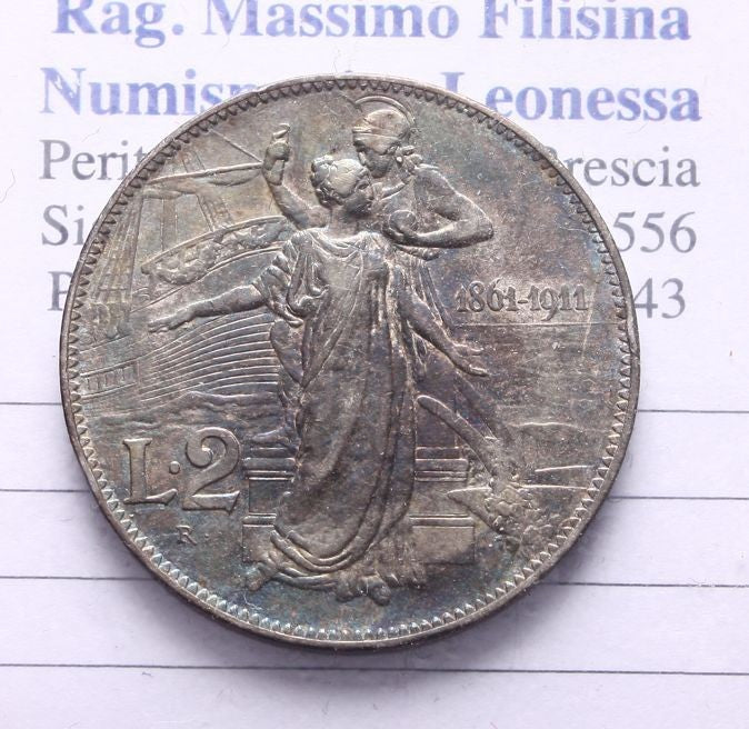 NL* VEIII 2 Lire ARGENTO 1911 CINQUANTENARIO SUPERBA Patina quasi iridescente