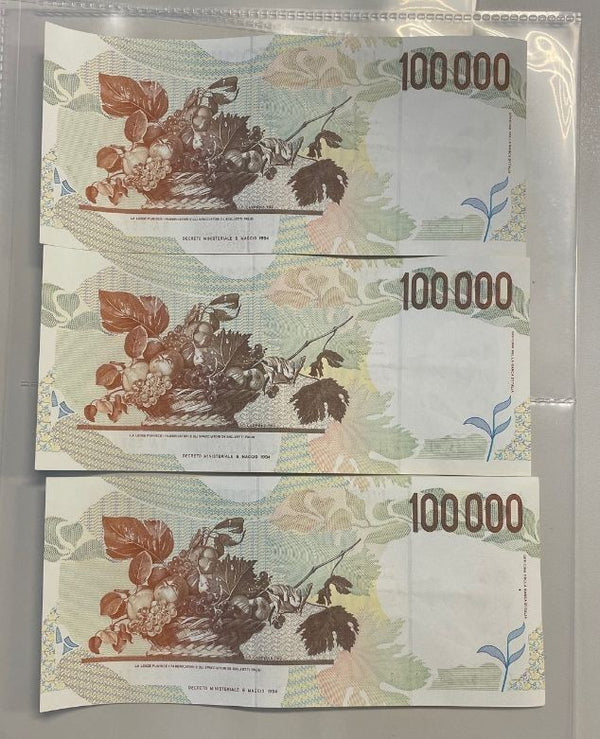 NL* BANCA D'ITALIA Banconota LOTTO 3 X 100000 CARAVAGGIO CONSECUTIVE 1994 SPL
