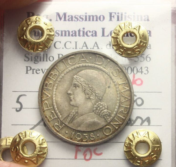 NL* SAN MARINO 5 Lire SILVER 1938 Rome FDC Appraisal FILISINA Massimo 