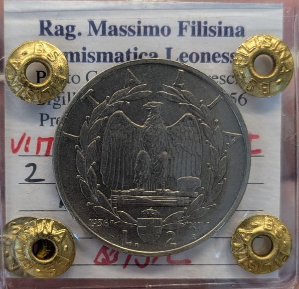 NL* VEIII Italia 2 LIRE IMPERO 1936 XIV RARA BB/SPL Perizia Filisina Massimo *