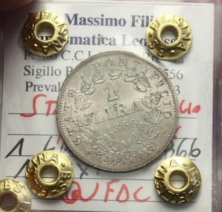 NL* STATO PONTIFICIO PAPA PIO IX 1 LIRA Argento 1866 XXI QFDC Perizia Filisina M
