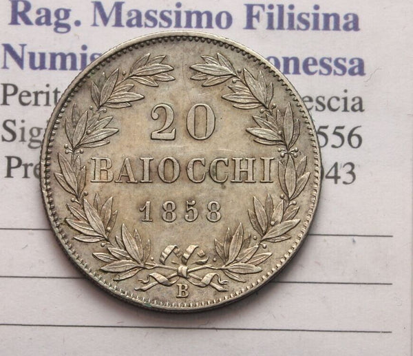 NL* BOLOGNA PIUS IX 20 BAIOCCHI Silver 1858 BOLOGNA Year XIII RARE SUPER