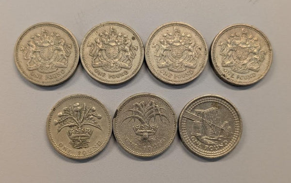 NL*REGNO UNITO Lotto 7 pezzi 1 POUND / STERLINA 1983-1984-1985-2004 come da foto