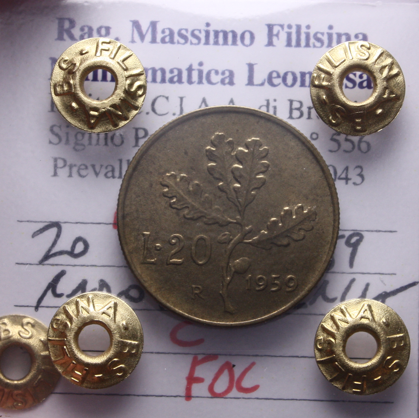 NL* Italia Repubblica 20 LIRE BRONZITAL 1959 FDC Perizia Filisina Massimo
