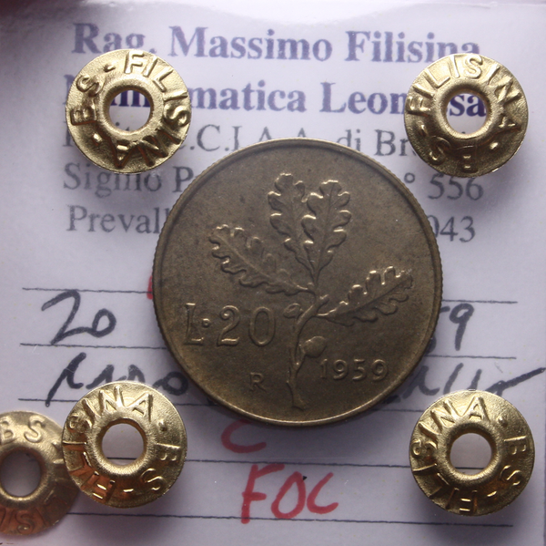 NL* Italia Repubblica 20 LIRE BRONZITAL 1959 FDC Perizia Filisina Massimo