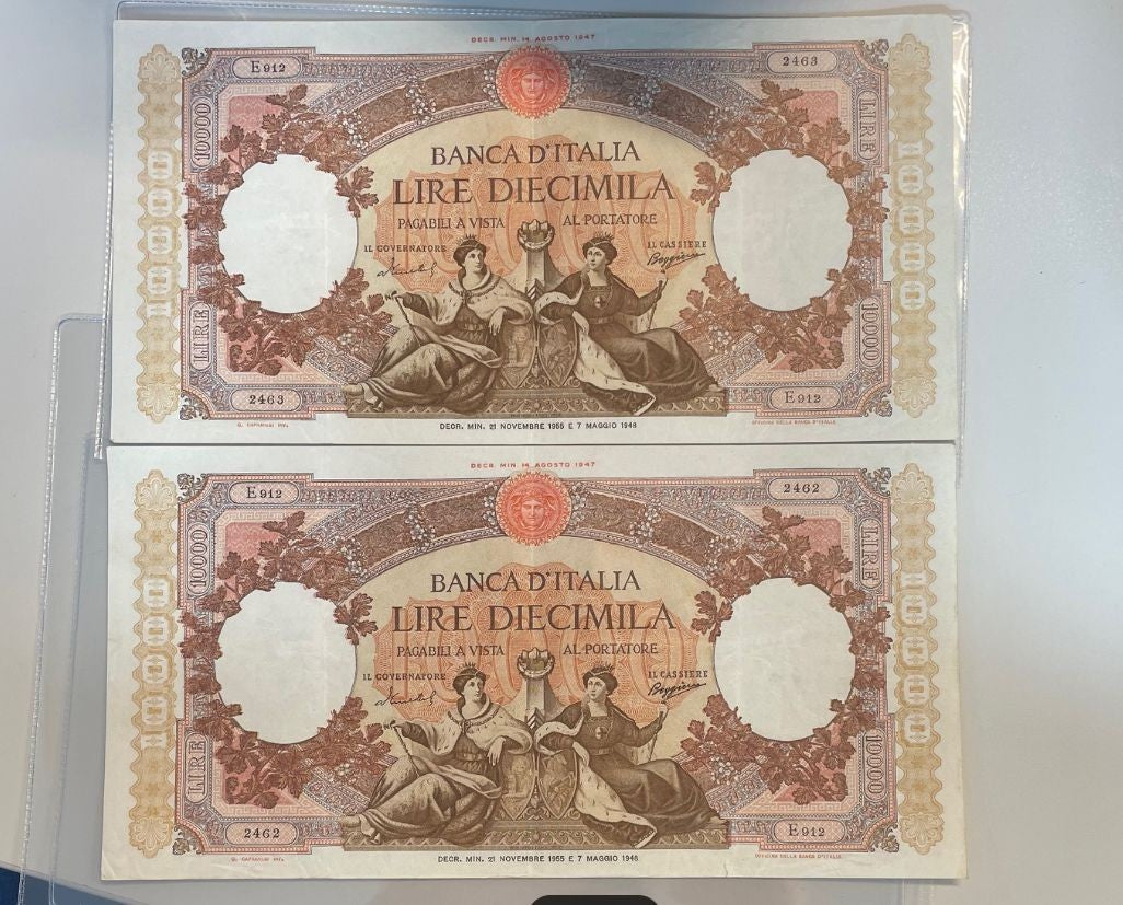 NL*ITALIA 2 Banconote 10000 Lire REP. MARINARE 21 11 1955 SERIALI CONSECUTIVI RR
