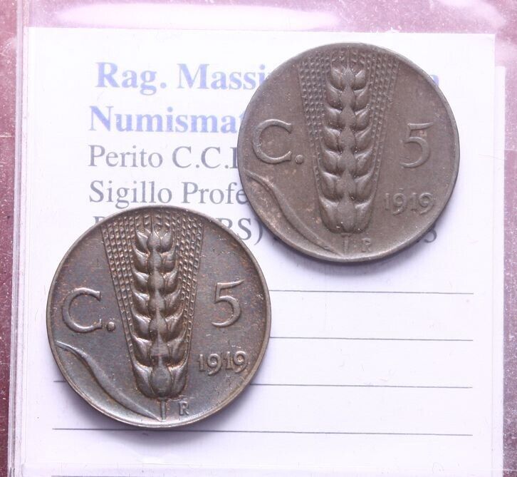 NL* Italy VEIII LOT 2 PIECES 5 CENTESIMI SPIGA 1919 RARE as per photo
