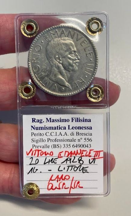 NL* VEIII 20 LIRE ARGENTO 1928 LITTORE RARO Q.SPL/SPL Perizia Filisina Massimo