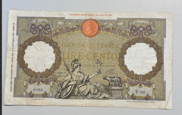 NL* BANCA D'ITALIA Banconota 100 LIRE ROMA GUERRIERA 23 GIUGNO 1941 V 700