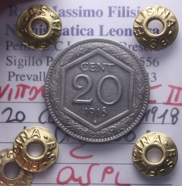NL* VEIII Italia 20 CENTESIMI ESAGONO 1918 QSPL Perizia Filisina Massimo
