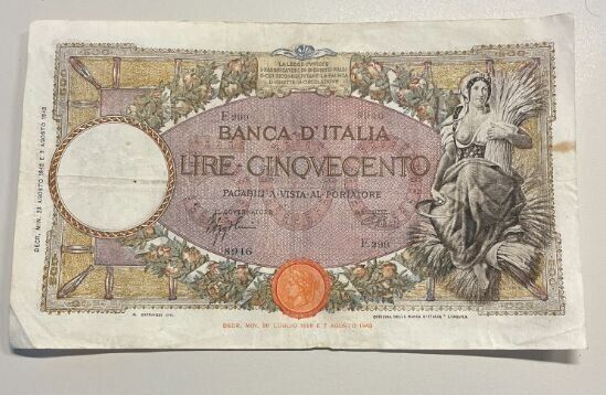 NL* BANK OF ITALY 500 LIRE HARVESTER Banknote AUGUST 23, 1943 RRR R3 8916 E299