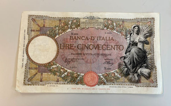 NL* BANK OF ITALY 500 LIRE HARVESTER Banknote 23 AUGUST 1943 RRR R3 2569 M294