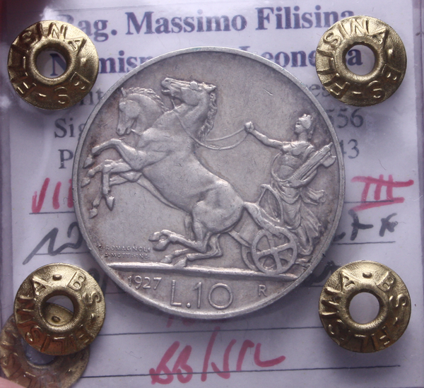 NL* VEIII 10 LIRE Argento BIGA 1927 NC BB/SPL * 1 rosetta Perizia Filisina