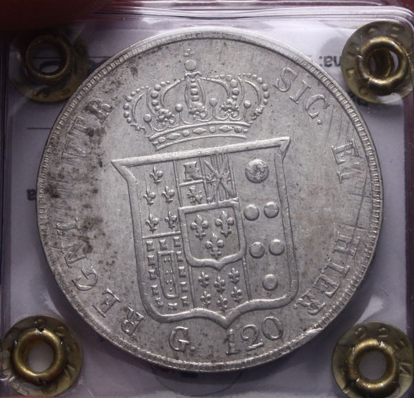 NL* NAPOLI FERDINANDO II Piastra 120 GRANA ARGENTO 1856 SPL+ Perizia Filisina M.