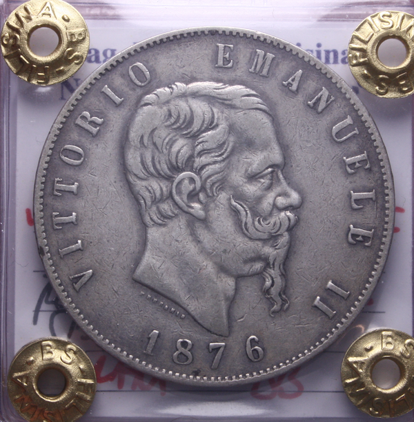NL* VEII 5 LIRE Argento 1876 ROMA R SPOSTATA A SINISTRA RARA BB Perizia Filisina