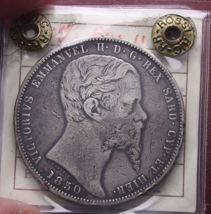 NL* VEII SARDEGNA Scudo 5 LIRE ARGENTO 1850 GENOVA BB+ Perizia Rossi Riccardo