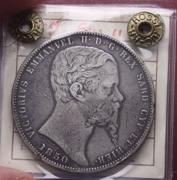 NL* VEII SARDEGNA Scudo 5 LIRE ARGENTO 1850 GENOVA BB+ Perizia Rossi Riccardo