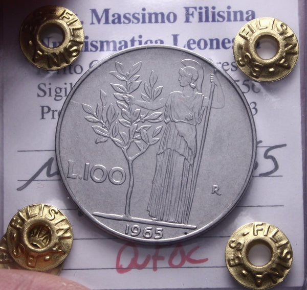 NL* ITALIA Repubblica 100 LIRE MINERVA 1965 QFDC Perizia Filisina Massimo