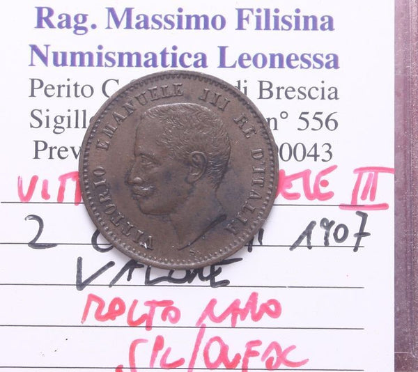 NL* VEIII 2 CENTESIMI VALORE 1907 MOLTO RARO R2 SPL/QFDC Perizia Filisina M.