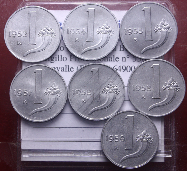 NL* Italia Lotto 7 pezzi 1 LIRA 1953 54 55 57 58 58 59 CORNUCOPIA super cons.