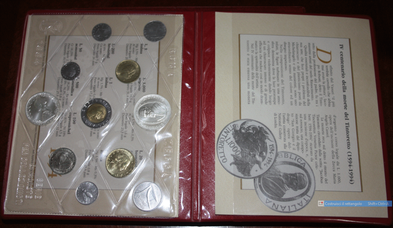 NL* ITALIA Divisionale 1994 il TINTORETTO 11 Valori 500 e 1000 Lire ARGENTO FDC