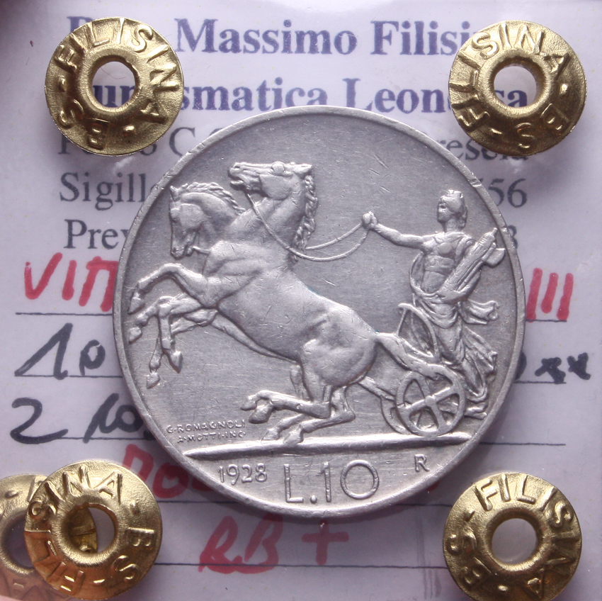 NL* VEIII 10 LIRE Argento BIGA 1928 ** 2 rosette MOLTO RARO BB+ Perizia Filisina