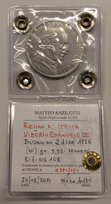 NL* VEIII Italia BUONO 2 LIRE FASCIO 1926 qSPL/SPL SEGNETTI Perizia Anzilotti