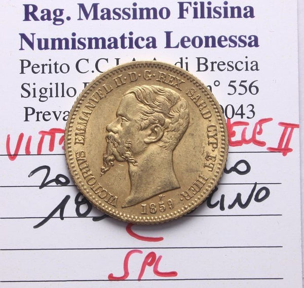 NL* SAVOIA VITTORIO EMANUELE II 20 Lire ORO  1859 TORINO SPL Perizia Filisina M.