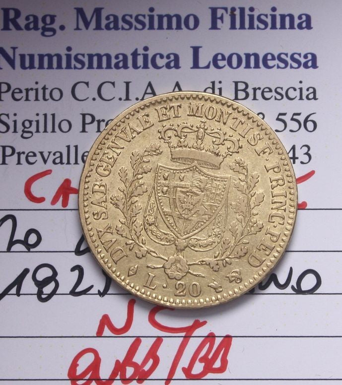 NL* CARLO FELICE 20 Lire ORO 1825 TORINO Q.BB/BB Perizia Filisina Massimo