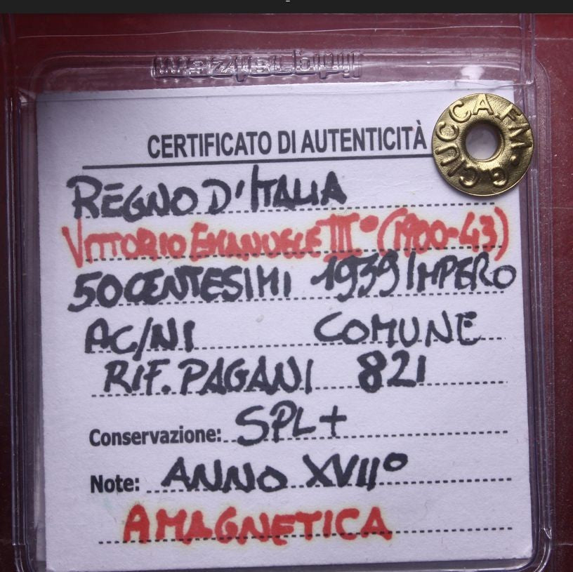 NL* VEIII 50 CENTESIMI 1939 XVII ANTIMAGNETICA SPL+ Perizia Ciuccarelli G