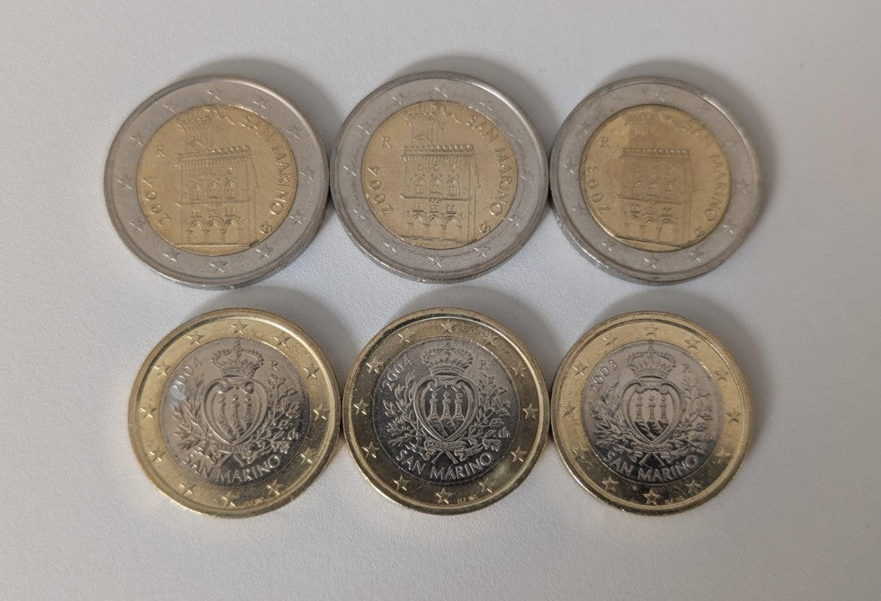 NL* SAN MARINO Lotto 6 MONETE da 2 e 1 EURO 2003-2004 FDC come da foto