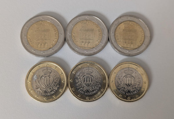 NL* SAN MARINO Lotto 6 MONETE da 2 e 1 EURO 2003-2004 FDC come da foto